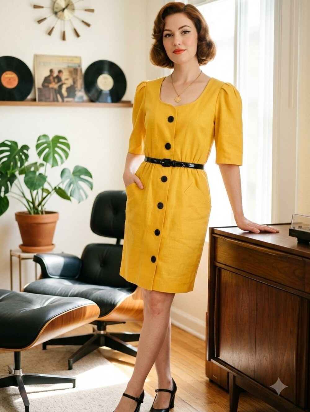 Vintage Yves Saint Laurent Women's Dress Sz 40 Half Sleeves Golden Yellow